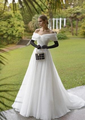 Off Shoulder Ivory Organza Twist Elegant Wedding Dress